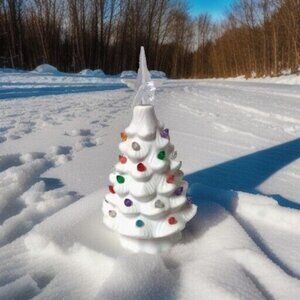 White Ceramic Light Up Christmas Tree holiday 8 inch seasonal winter retro look